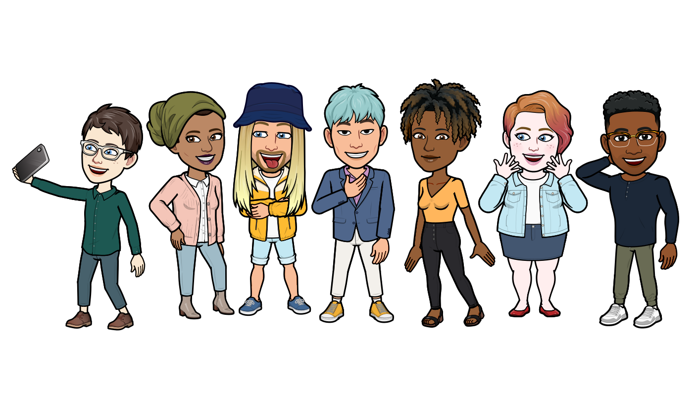 Seven Bitmoji avatars wearing a variety of outfits from the latest Mix and Match feature standing happily in a line