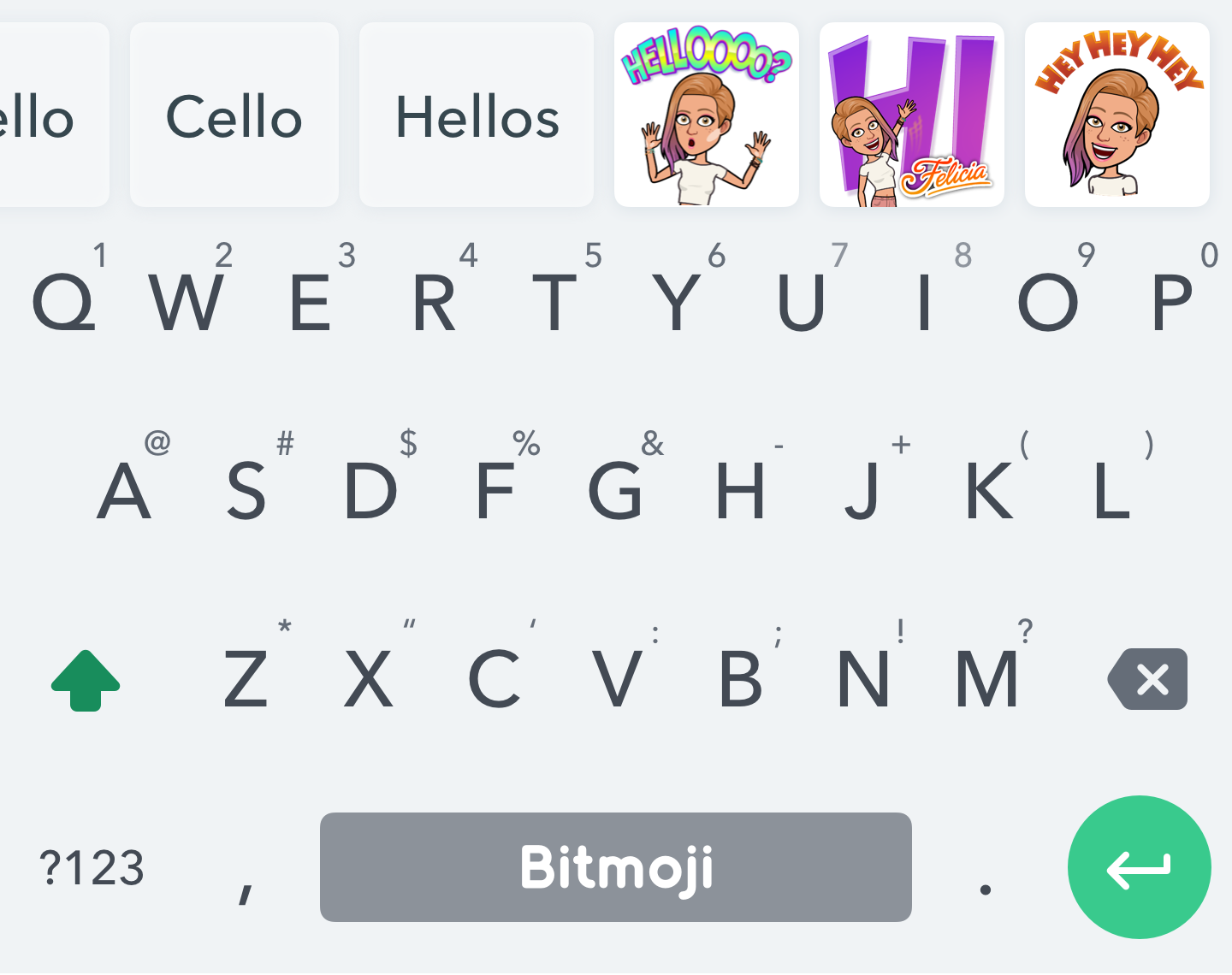 Typing keyboard with keywords on top and Bitmoji sticker suggestions based on what user is typing