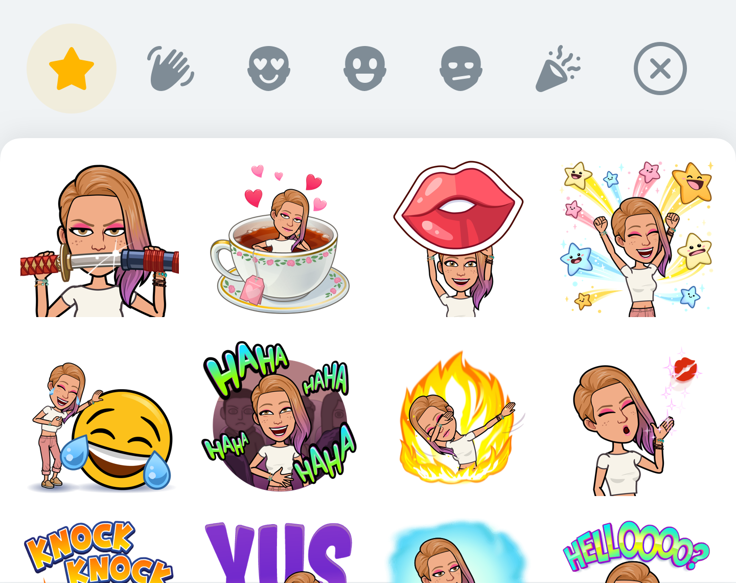 Bitmoji Android Keyboard with the Bitmoji sticker library and different sticker categories from hi to celebration on the top