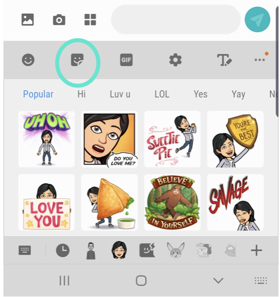 In the Samsung Keyboard, the Bitmoji sticker tab is selected and highlighted