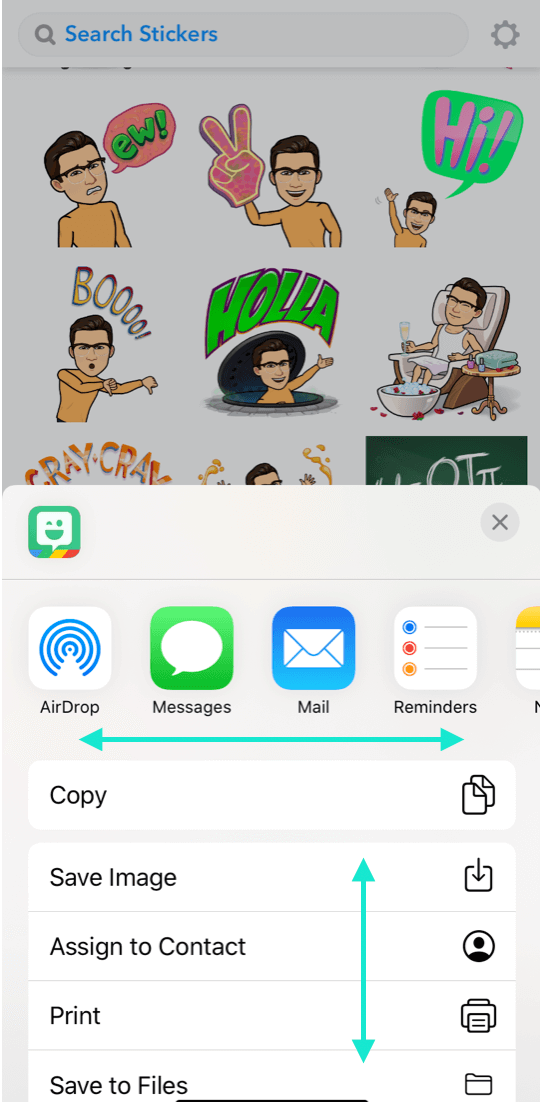 layout for sending stickers from the iOS app, arrows indicate to scroll left or right to access all apps, scroll up or down for additional image options