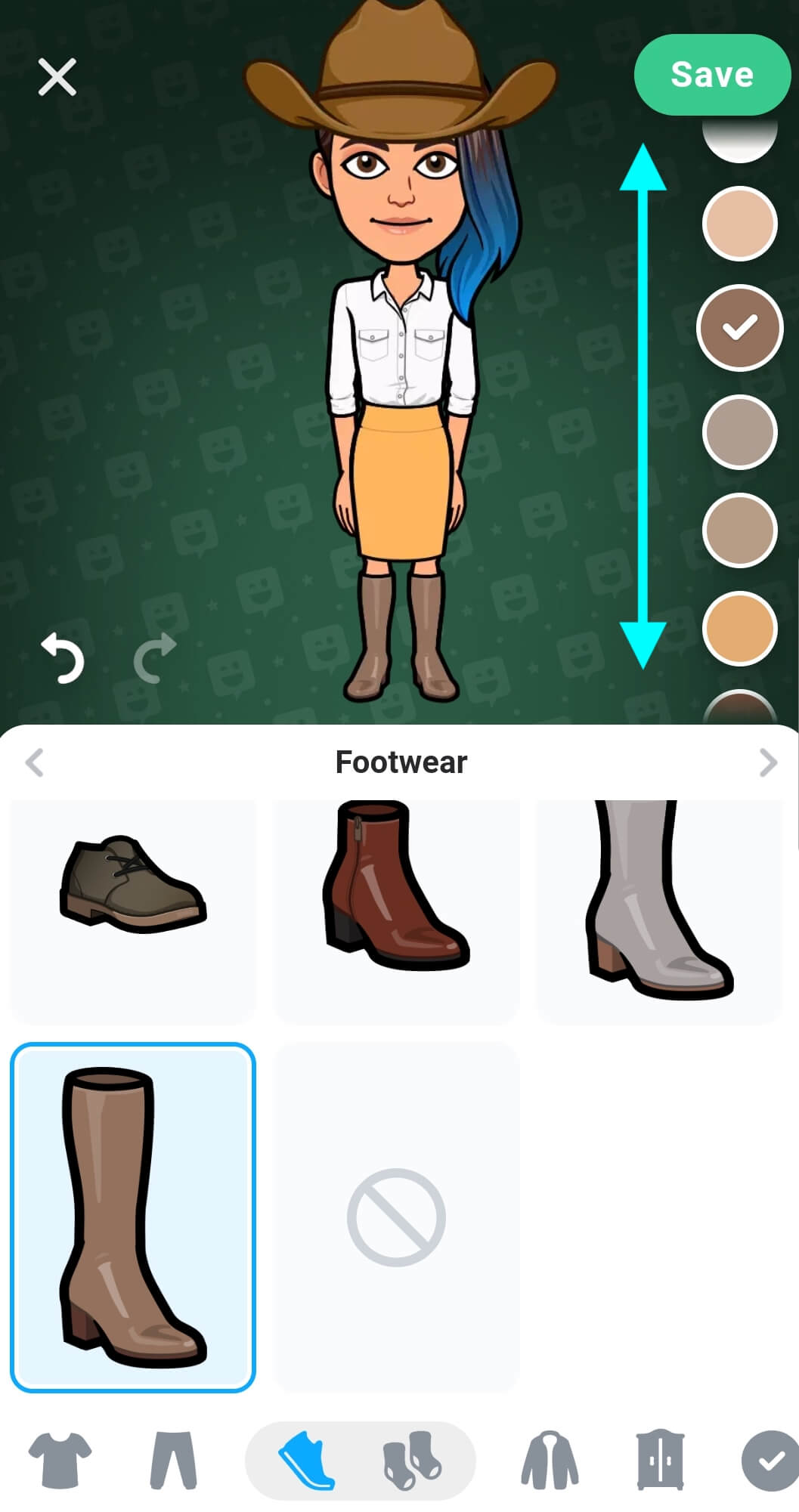 El avatar ahora lleva botas, la paleta de colores que está a la derecha tiene flechas que indican que se puede deslizar hacia arriba o abajo para ver más opciones de color