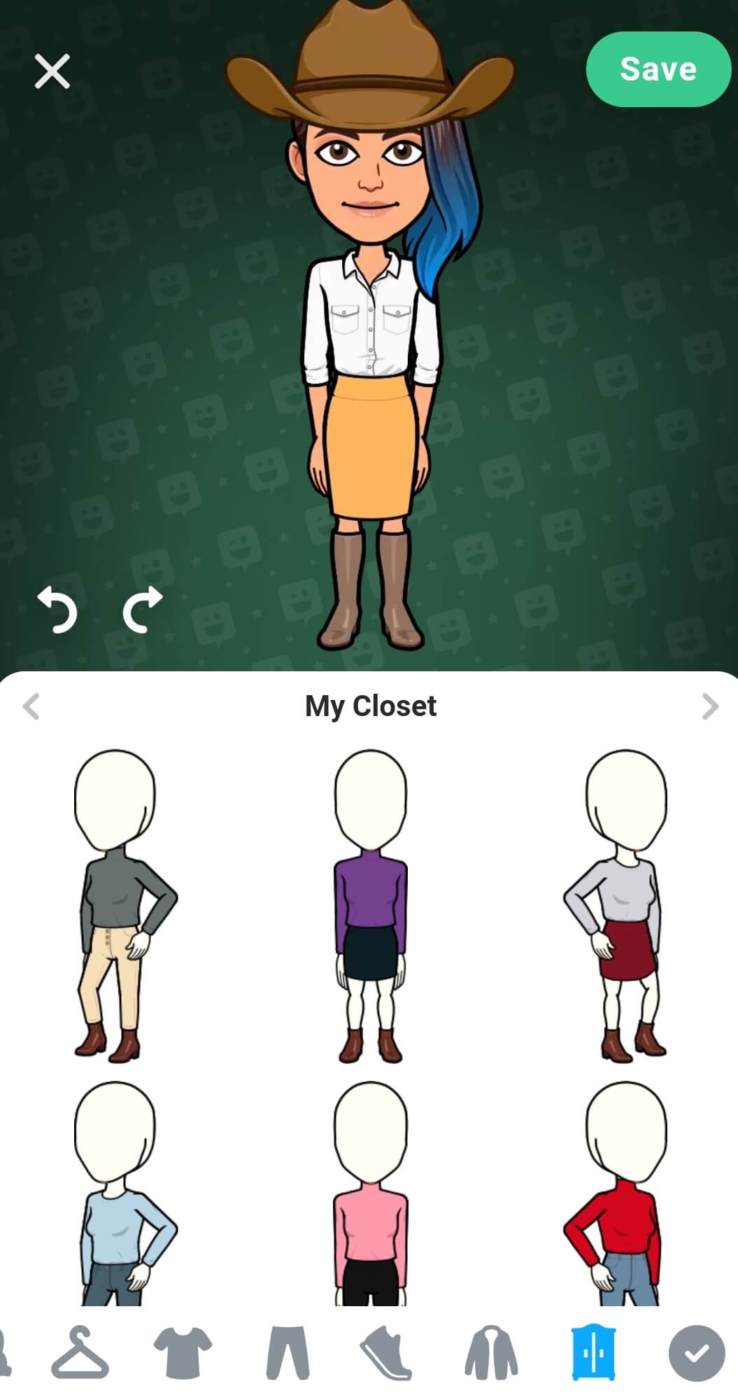 A variety of outfits are saved in the avatar closet on the bottom half of the screen. The save button is at the top right corner.