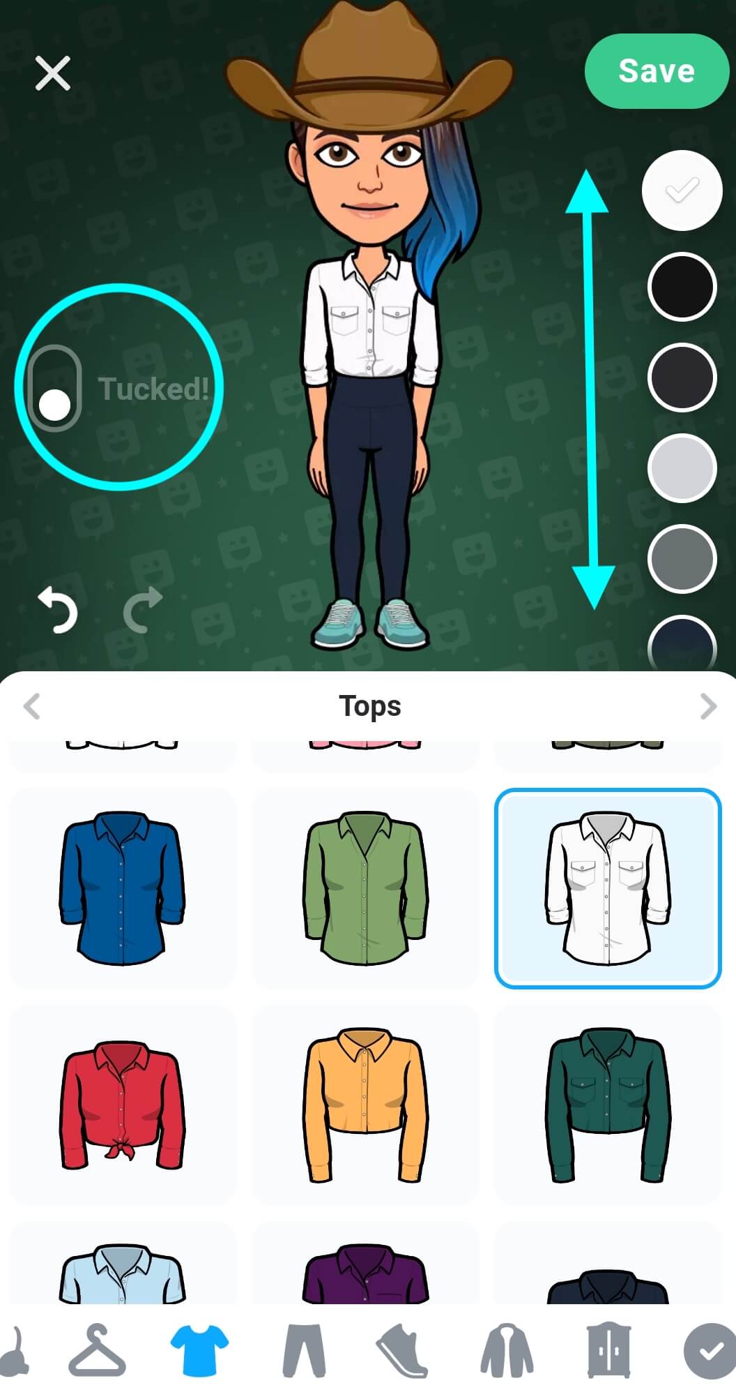 El botón para meter las prendas superiores por dentro del pantalón/falda se encuentra a la izquierda y está destacado. La paleta de colores está a la derecha, con flechas que indican que se puede deslizar hacia arriba o abajo para ver más opciones de color.