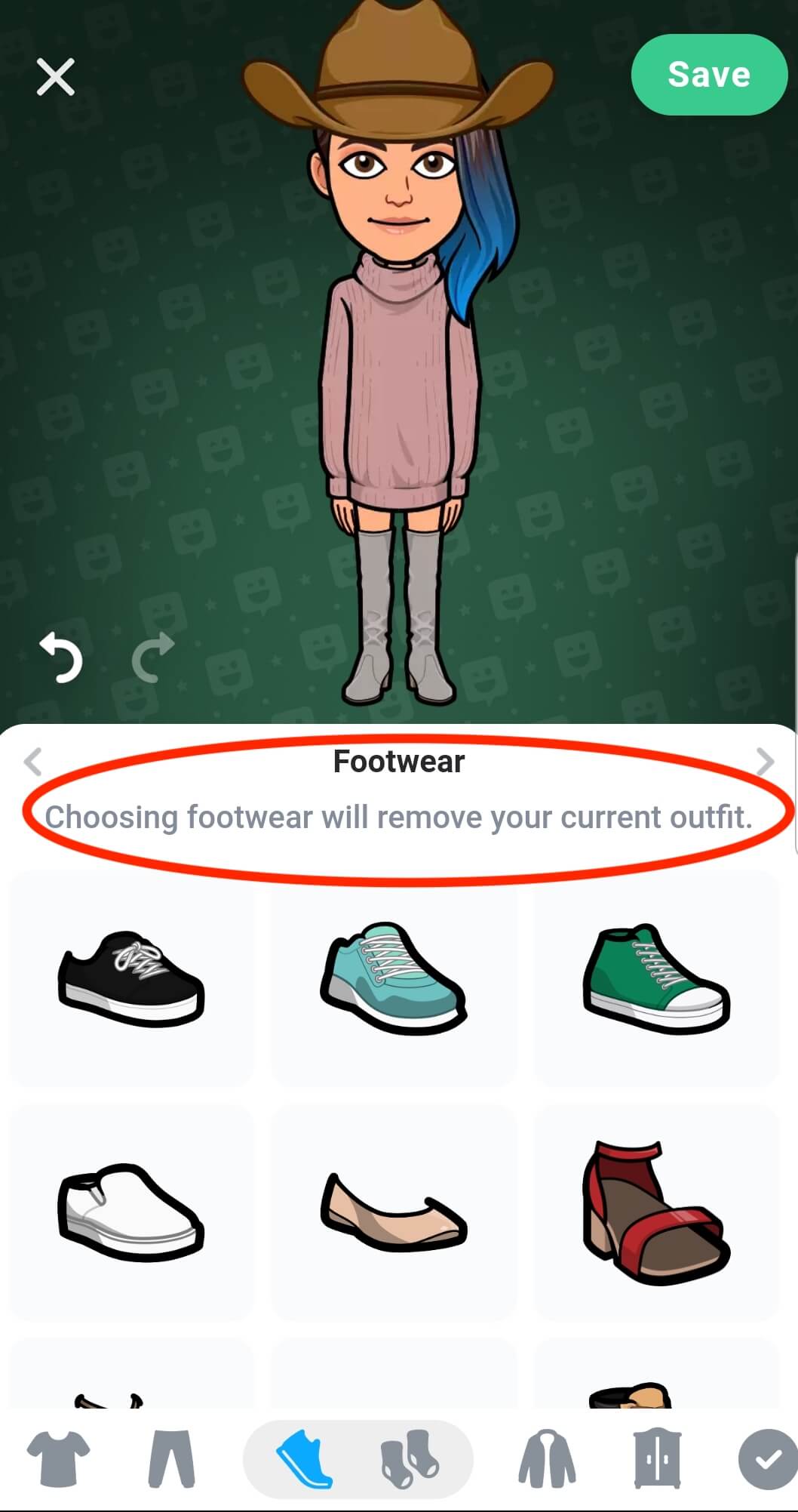 o avatar aparece na parte superior com uma roupa não-personalizável. Há um aviso abaixo: escolher um artigo personalizável removerá sua roupa atual.
