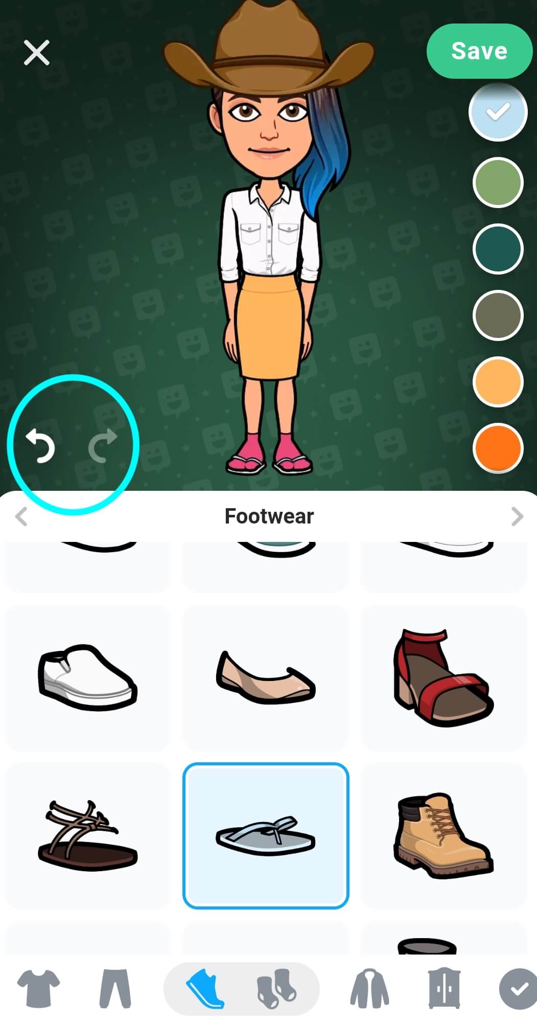 Los botones Deshacer y Rehacer aparecen destacados y se ubican en la parte central izquierda de la pantalla del Editor de avatares