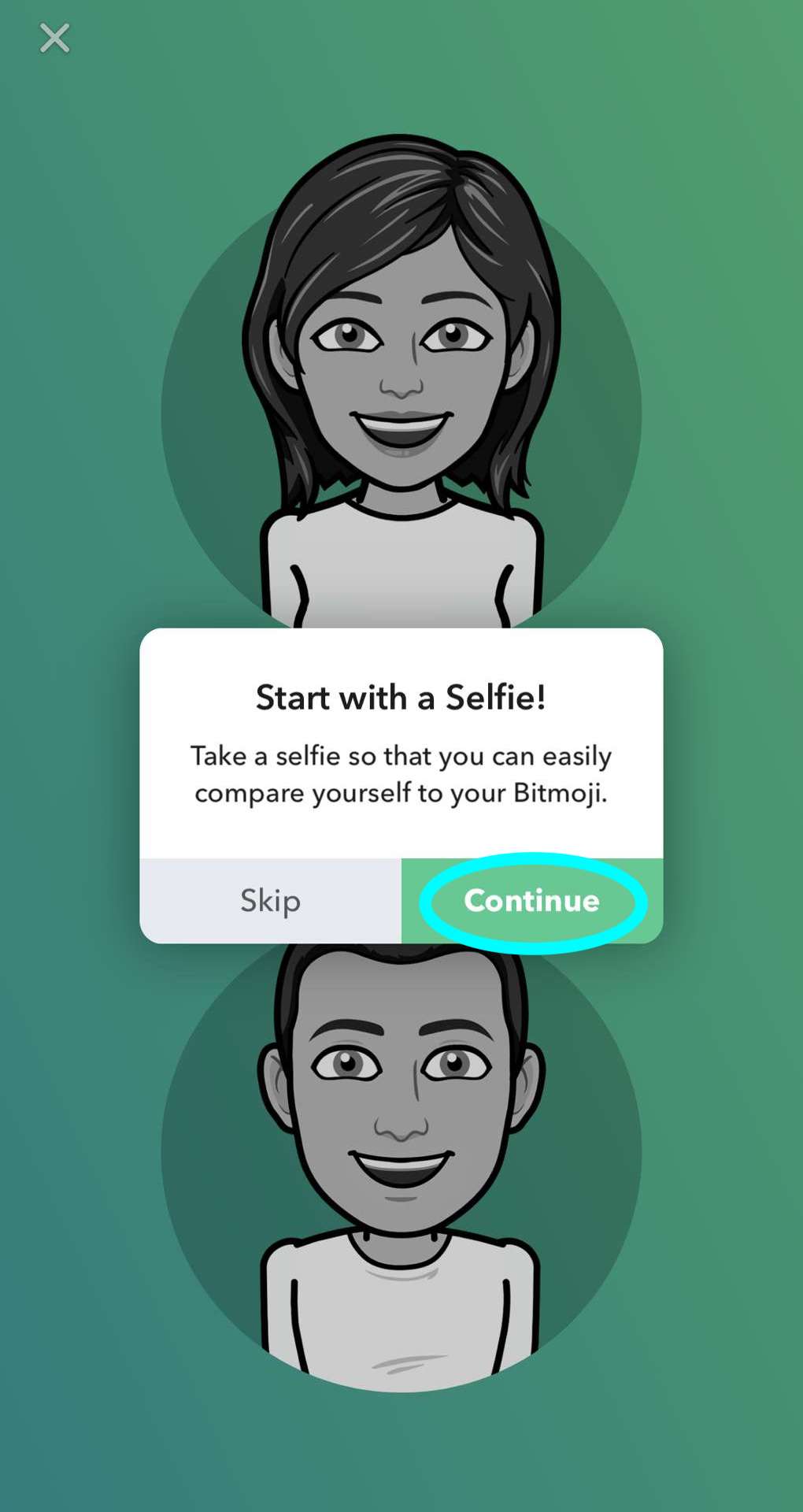 une fenêtre contextuelle invitant l'utilisateur à commencer la création d'un avatar en prenant un selfie, le bouton pour continuer avec selfie est mis en évidence