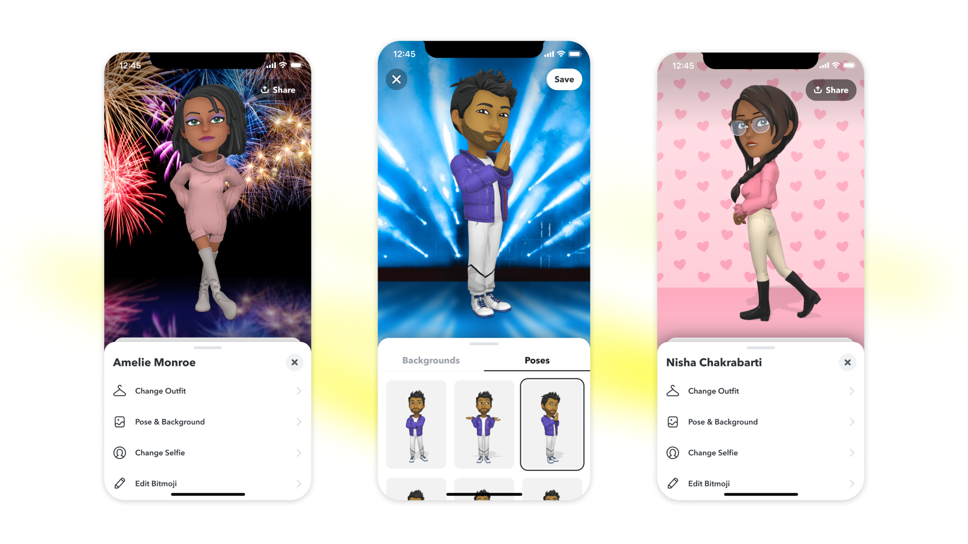 Tres encabezados de Bitmoji muestran el diseño de la app y las opciones de personalización