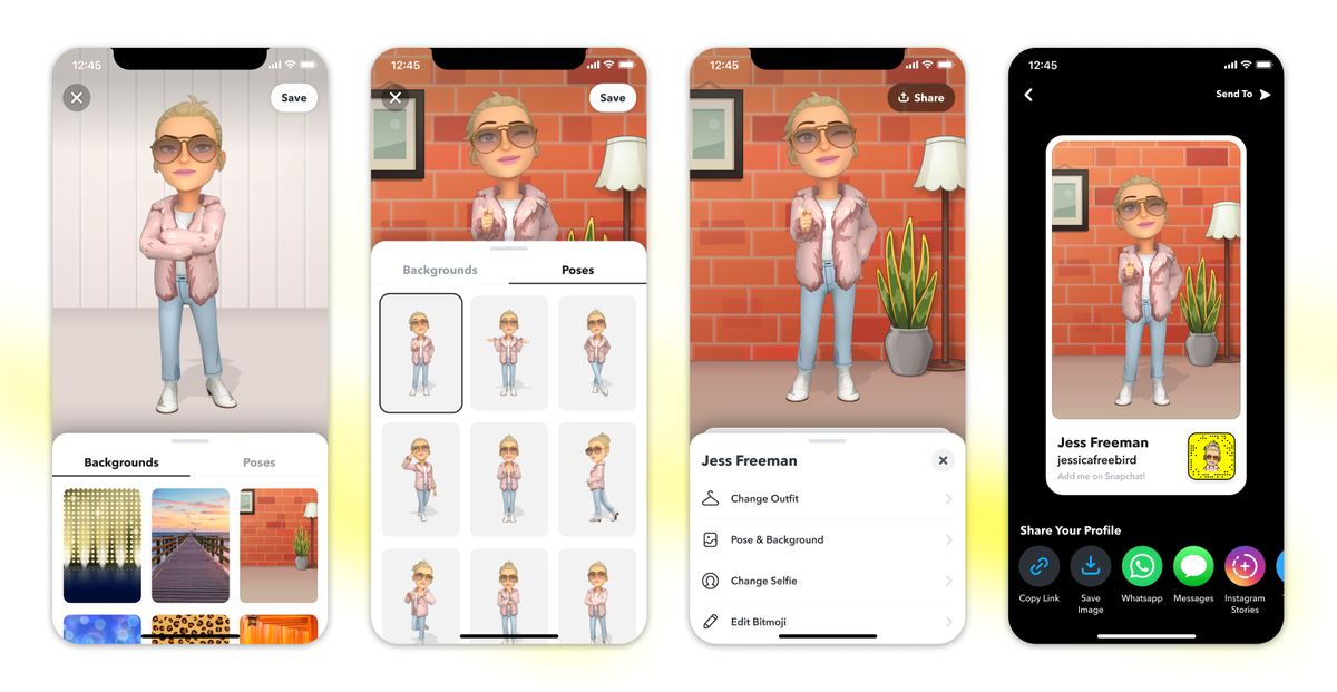Four images show the Bitmoji header customization flow and profile share options