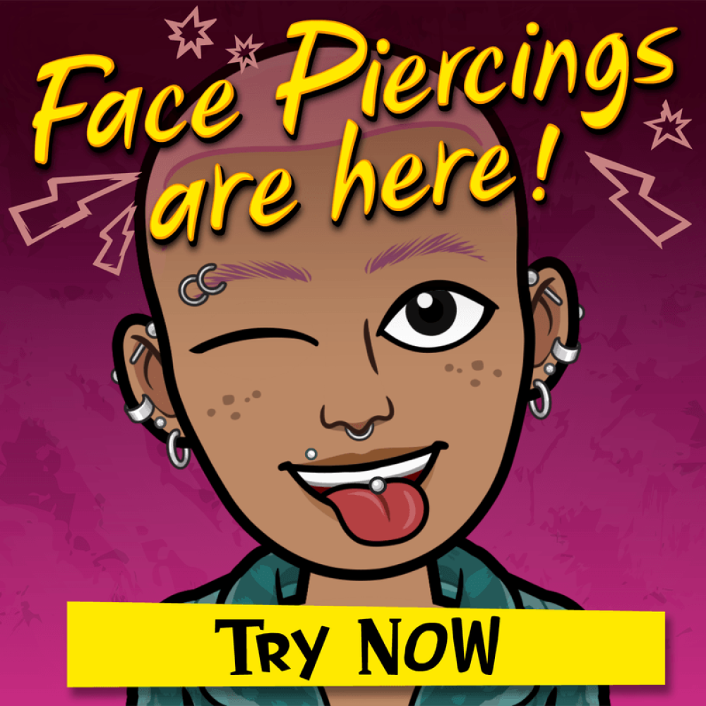 Un avatar Bitmoji présentant tous les piercings disponibles, clignant des yeux et tirant la langue, piercings faciaux disponibles dès maintenant